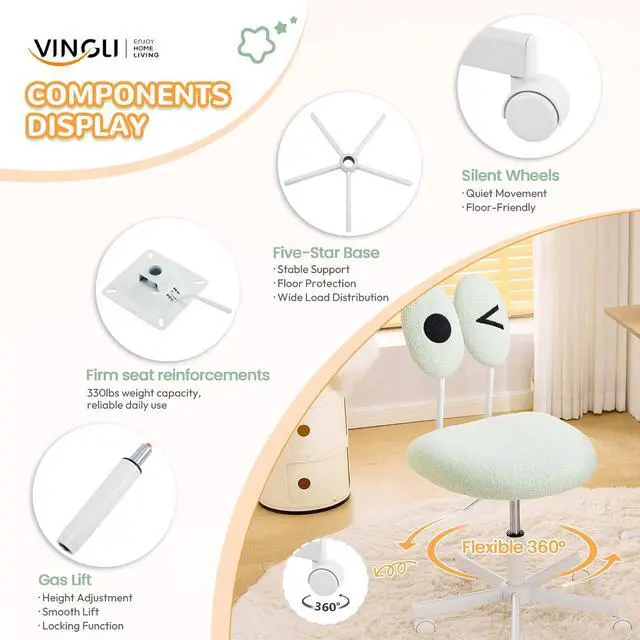 Alt view image 5 of 7 - Cute Fluffy Armless Vanity Chair with Back, Small Teddy Comfy Desk Chair with Wheels for Girls, Height Adjustable Makeup Chair with Cartoon Designs for Kids, Bedroom, Dorm& Living Room,Green
