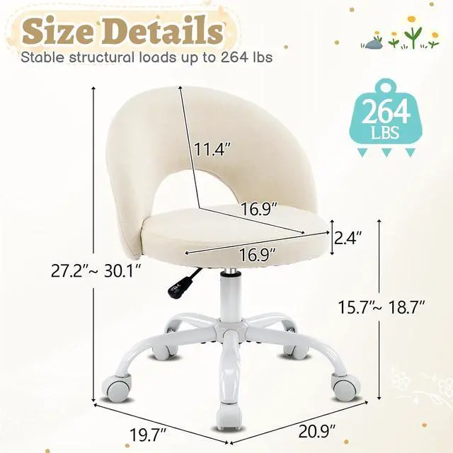 Alt view image 2 of 7 - Small Vanity Chair with Wheels for Girls.Cute Modern Adjustable Height Armless Office Desk Chair.360°Swivel Comfy Rolling Chair for Study, Make up Room,Small Space,Linen Light Yellow
