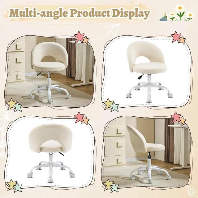 Alt view image 3 of 7 - Small Vanity Chair with Wheels for Girls.Cute Modern Adjustable Height Armless Office Desk Chair.360°Swivel Comfy Rolling Chair for Study, Make up Room,Small Space,Linen Light Yellow