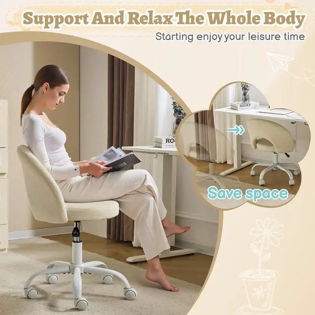 Alt view image 5 of 7 - Small Vanity Chair with Wheels for Girls.Cute Modern Adjustable Height Armless Office Desk Chair.360°Swivel Comfy Rolling Chair for Study, Make up Room,Small Space,Linen Light Yellow