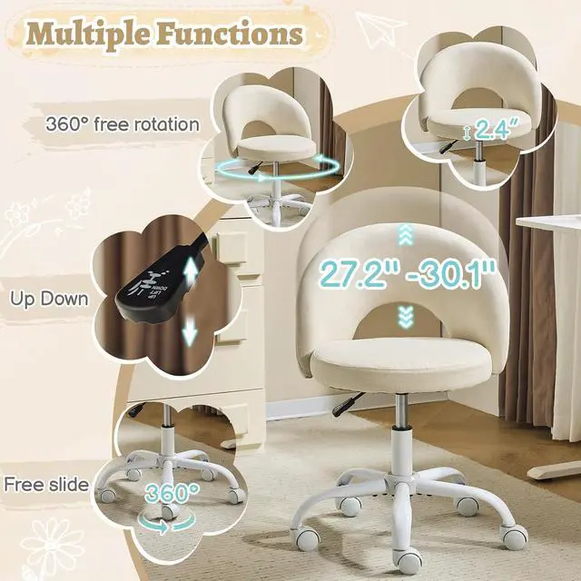 Alt view image 4 of 7 - Small Vanity Chair with Wheels for Girls.Cute Modern Adjustable Height Armless Office Desk Chair.360°Swivel Comfy Rolling Chair for Study, Make up Room,Small Space,Linen Light Yellow