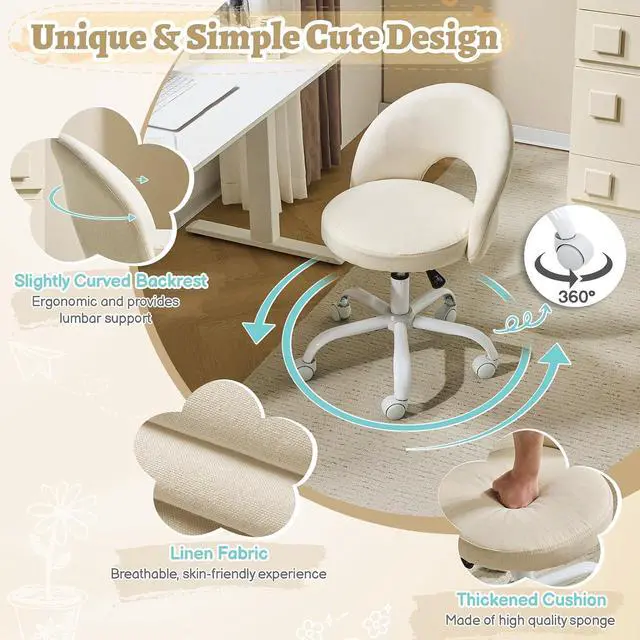 Alt view image 6 of 7 - Small Vanity Chair with Wheels for Girls.Cute Modern Adjustable Height Armless Office Desk Chair.360°Swivel Comfy Rolling Chair for Study, Make up Room,Small Space,Linen Light Yellow