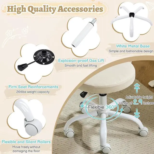Alt view image 7 of 7 - Small Vanity Chair with Wheels for Girls.Cute Modern Adjustable Height Armless Office Desk Chair.360°Swivel Comfy Rolling Chair for Study, Make up Room,Small Space,Linen Light Yellow