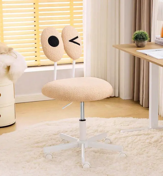 Main image of Cute Fluffy Armless Vanity Chair with Back, Small Teddy Comfy Desk Chair with Wheels for Girls, Height Adjustable Makeup Chair with Cartoon Designs for Kids, Bedroom, Dorm& Living Room,Khaki