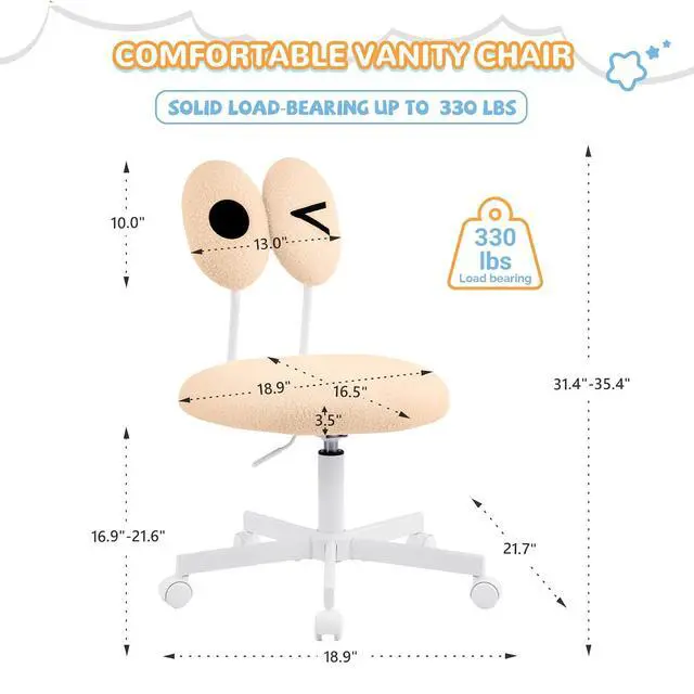 Alt view image 2 of 7 - Cute Fluffy Armless Vanity Chair with Back, Small Teddy Comfy Desk Chair with Wheels for Girls, Height Adjustable Makeup Chair with Cartoon Designs for Kids, Bedroom, Dorm& Living Room,Khaki