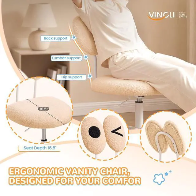 Alt view image 3 of 7 - Cute Fluffy Armless Vanity Chair with Back, Small Teddy Comfy Desk Chair with Wheels for Girls, Height Adjustable Makeup Chair with Cartoon Designs for Kids, Bedroom, Dorm& Living Room,Khaki