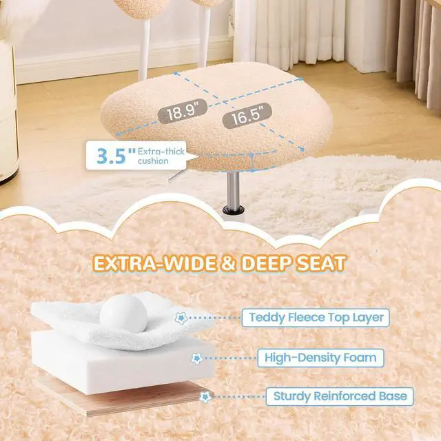 Alt view image 4 of 7 - Cute Fluffy Armless Vanity Chair with Back, Small Teddy Comfy Desk Chair with Wheels for Girls, Height Adjustable Makeup Chair with Cartoon Designs for Kids, Bedroom, Dorm& Living Room,Khaki