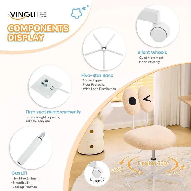 Alt view image 5 of 7 - Cute Fluffy Armless Vanity Chair with Back, Small Teddy Comfy Desk Chair with Wheels for Girls, Height Adjustable Makeup Chair with Cartoon Designs for Kids, Bedroom, Dorm& Living Room,Khaki