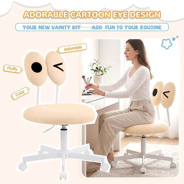 Alt view image 6 of 7 - Cute Fluffy Armless Vanity Chair with Back, Small Teddy Comfy Desk Chair with Wheels for Girls, Height Adjustable Makeup Chair with Cartoon Designs for Kids, Bedroom, Dorm& Living Room,Khaki