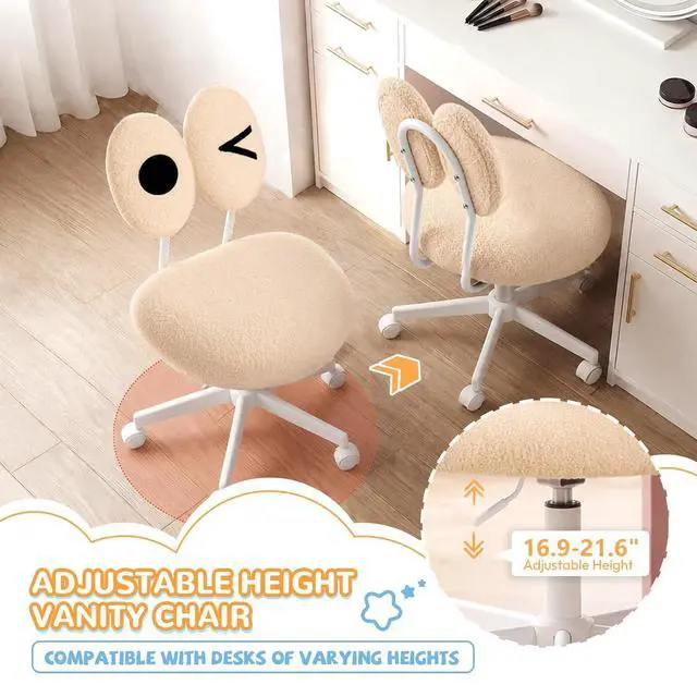 Alt view image 7 of 7 - Cute Fluffy Armless Vanity Chair with Back, Small Teddy Comfy Desk Chair with Wheels for Girls, Height Adjustable Makeup Chair with Cartoon Designs for Kids, Bedroom, Dorm& Living Room,Khaki
