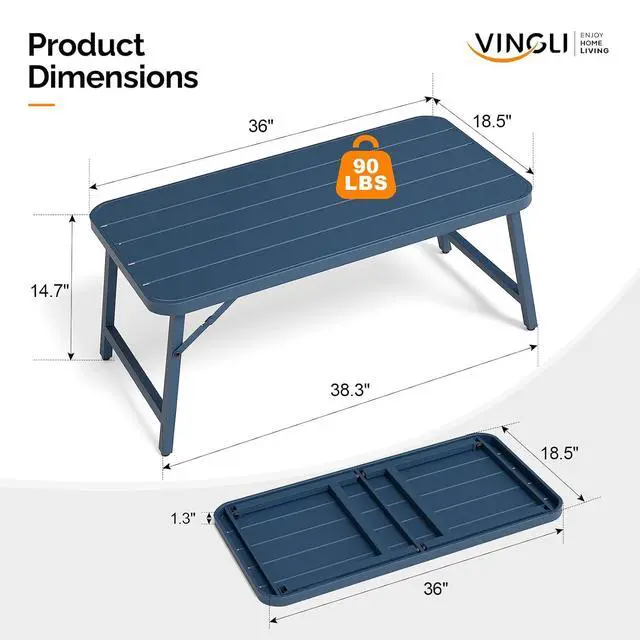 Alt view image 3 of 7 - Outdoor Folding Coffee Table, Rectangle Drainable Iron Patio Table for Balcony, Porch, and Living Room, Blue