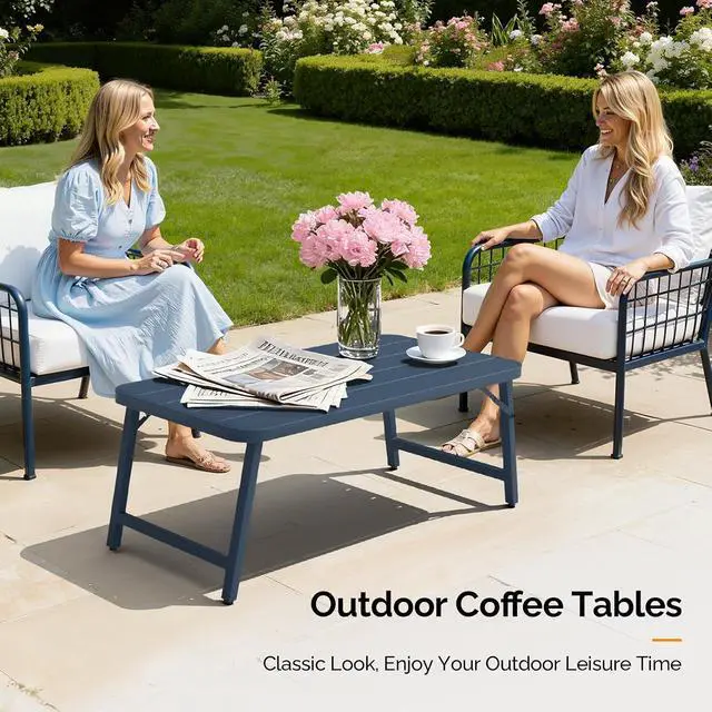 Alt view image 2 of 7 - Outdoor Folding Coffee Table, Rectangle Drainable Iron Patio Table for Balcony, Porch, and Living Room, Blue