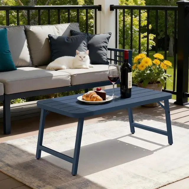 Alt view image 7 of 7 - Outdoor Folding Coffee Table, Rectangle Drainable Iron Patio Table for Balcony, Porch, and Living Room, Blue