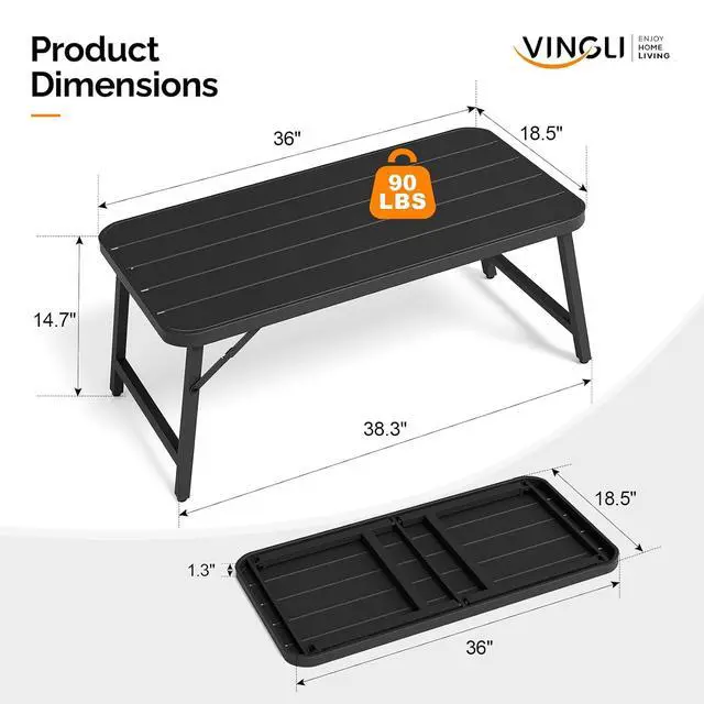 Alt view image 3 of 7 - Outdoor Folding Coffee Table, Rectangle Drainable Iron Patio Table for Balcony, Porch, and Living Room, Black