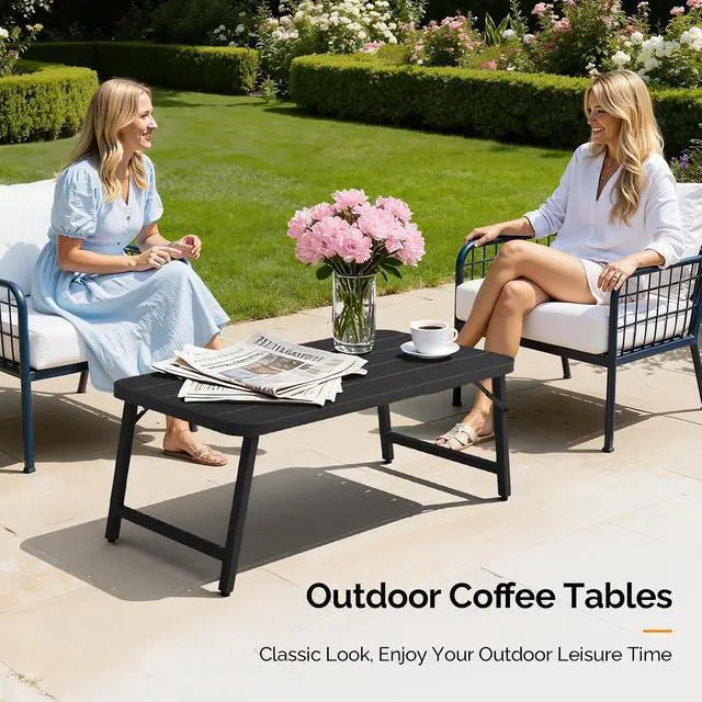 Alt view image 2 of 7 - Outdoor Folding Coffee Table, Rectangle Drainable Iron Patio Table for Balcony, Porch, and Living Room, Black