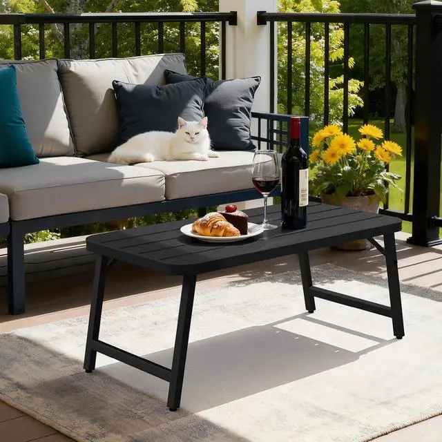 Alt view image 7 of 7 - Outdoor Folding Coffee Table, Rectangle Drainable Iron Patio Table for Balcony, Porch, and Living Room, Black