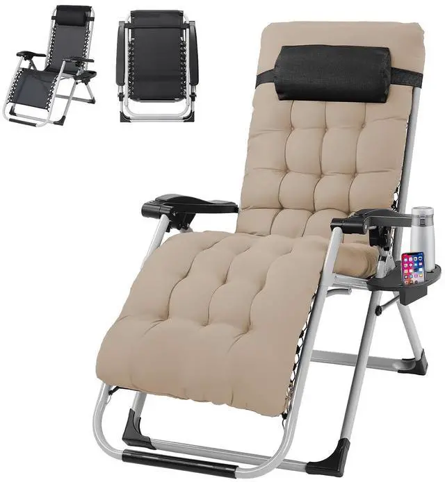 Main image of Padded Zero Gravity Chair, Lounge Chair with Removable Cushion & Tray Folding Reclining Patio Chairs Recliner Chair for LawnIndoor Outdoor-Khaki
