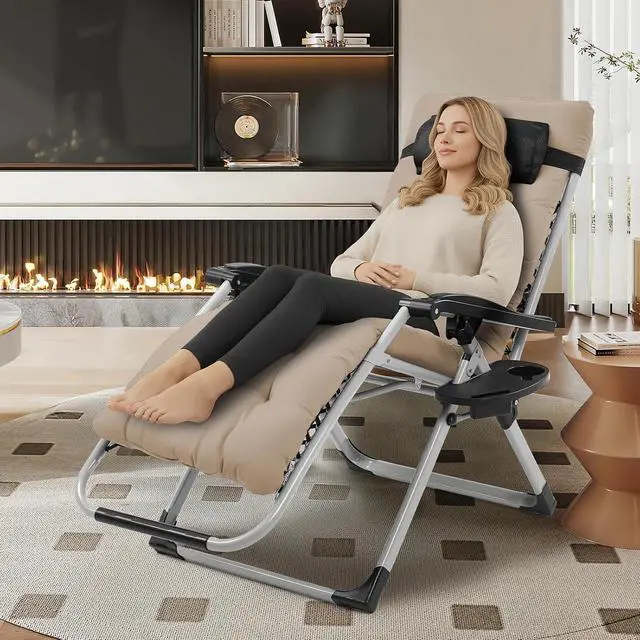 Alt view image 2 of 6 - Padded Zero Gravity Chair, Lounge Chair with Removable Cushion & Tray Folding Reclining Patio Chairs Recliner Chair for LawnIndoor Outdoor-Khaki
