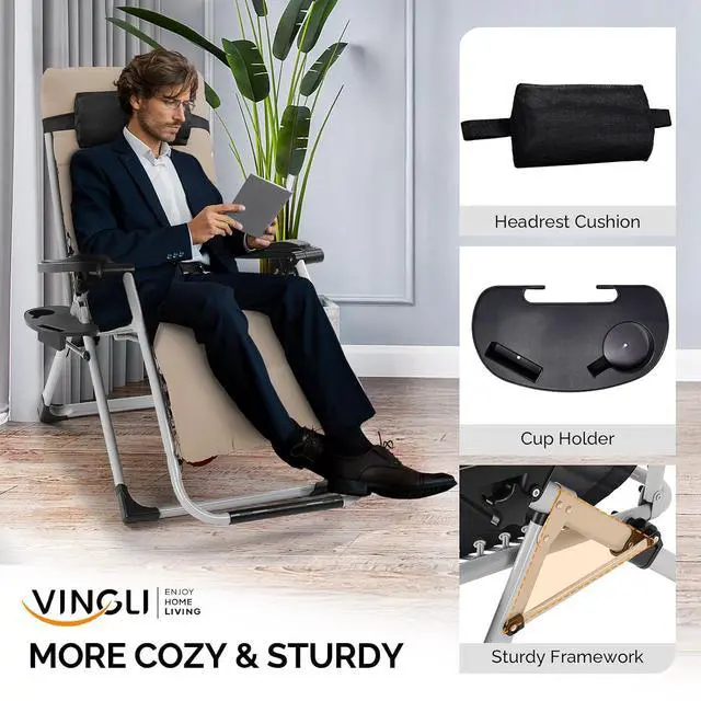 Alt view image 4 of 6 - Padded Zero Gravity Chair, Lounge Chair with Removable Cushion & Tray Folding Reclining Patio Chairs Recliner Chair for LawnIndoor Outdoor-Khaki
