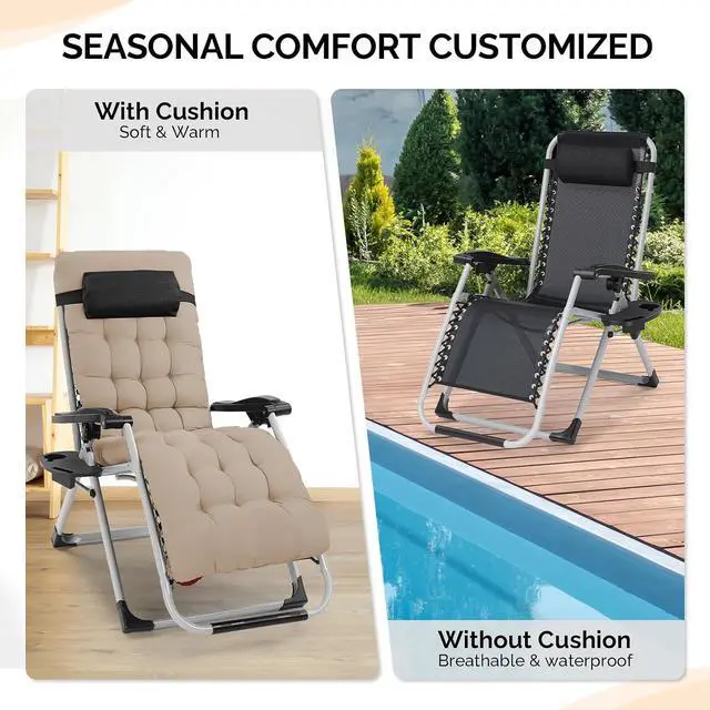 Alt view image 6 of 6 - Padded Zero Gravity Chair, Lounge Chair with Removable Cushion & Tray Folding Reclining Patio Chairs Recliner Chair for LawnIndoor Outdoor-Khaki