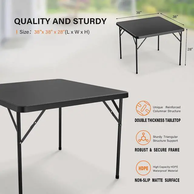 Alt view image 3 of 7 - Black Card Square Table, 38 inch Foldable Legs Full Table Top, Easy to Set up and Store, Folding Portable for Game Puzzles, Gathering, Party, Dining, Indoor, Outdoor, Outside