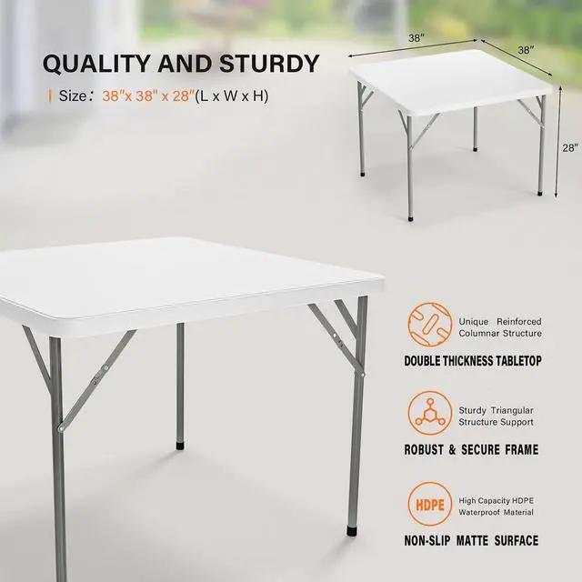 Alt view image 3 of 7 - White Card Square Table, 38 inch Foldable Legs Full Table Top, Easy to Set up and Store, Folding Portable for Game Puzzles, Gathering, Party, Dining, Indoor, Outdoor, Outside