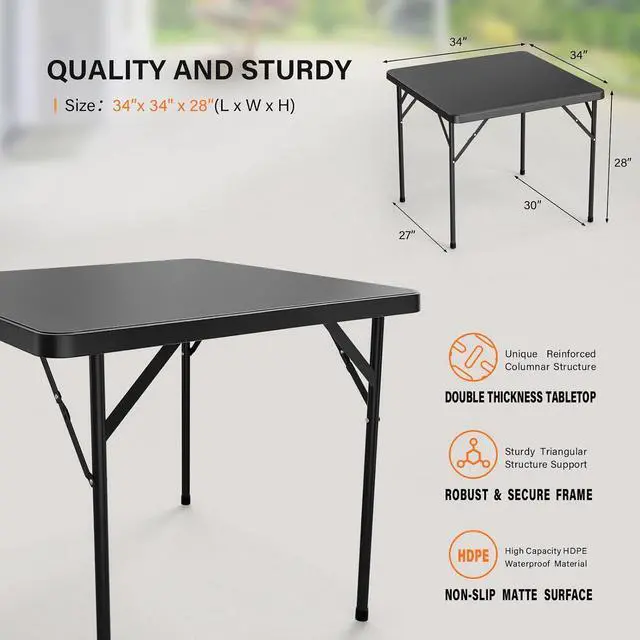 Alt view image 3 of 7 - Black Card Square Table, 34 inch Foldable Legs Full Table Top, Easy to Set up and Store, Folding Portable for Game Puzzles, Gathering, Party, Dining, Indoor, Outdoor, Outside
