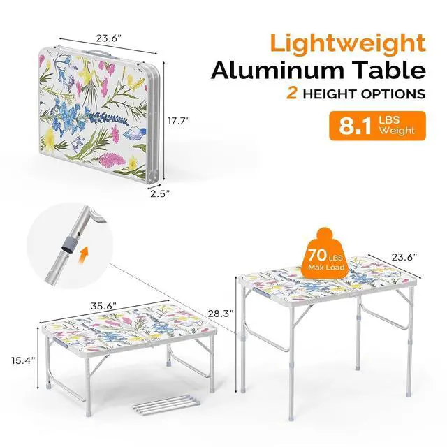 Alt view image 2 of 6 - 3FT Small Folding Camping Table Adjustable Height Aluminum Folding Table for Picnic Party BBQ, Plastic RV Suitcase Table Portable Lightweight Fold Up Utility Outdoor Tables