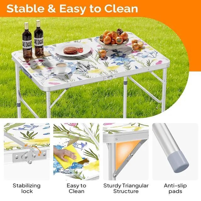 Alt view image 3 of 6 - 3FT Small Folding Camping Table Adjustable Height Aluminum Folding Table for Picnic Party BBQ, Plastic RV Suitcase Table Portable Lightweight Fold Up Utility Outdoor Tables