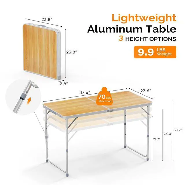 Alt view image 2 of 6 - 4FT White Folding Table with Carrying Handle Height Adjustable Lightweight Fold Up Portable for Indoor Outdoor Picnic,Camping,Hiking,Fishing,BBQ
