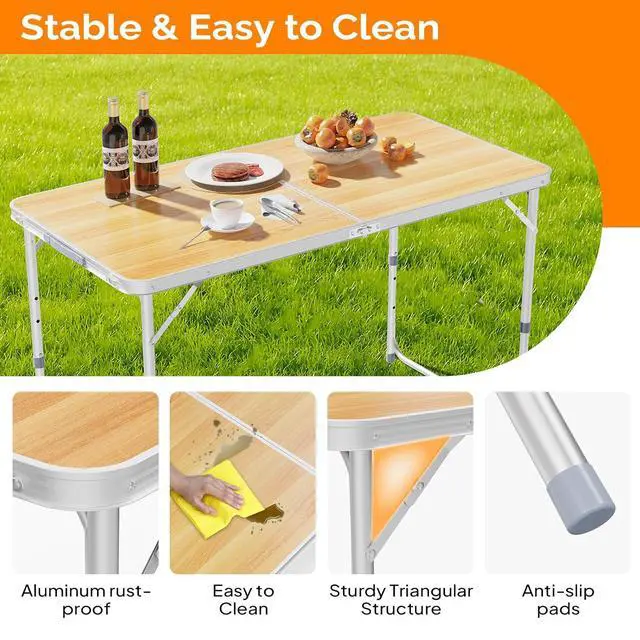 Alt view image 4 of 6 - 4FT White Folding Table with Carrying Handle Height Adjustable Lightweight Fold Up Portable for Indoor Outdoor Picnic,Camping,Hiking,Fishing,BBQ
