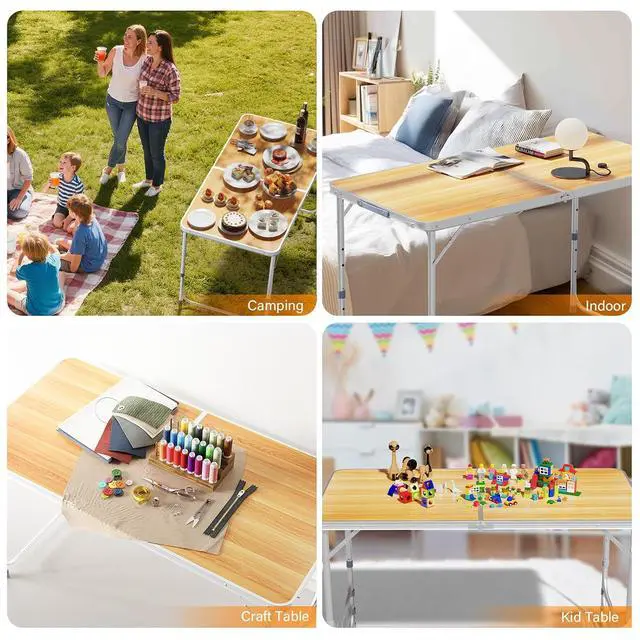 Alt view image 3 of 6 - 4FT White Folding Table with Carrying Handle Height Adjustable Lightweight Fold Up Portable for Indoor Outdoor Picnic,Camping,Hiking,Fishing,BBQ