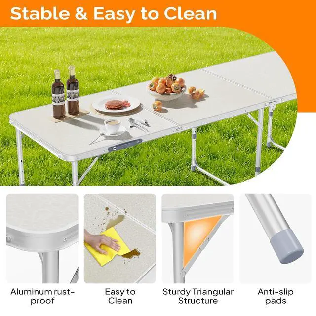 Alt view image 4 of 6 - 6ft Folding Camping Table with Carry Handle,Portable Utility Table Multipurpose for Party Picnic Tailgating Outdoor Patio Garden Indoor Kitchen