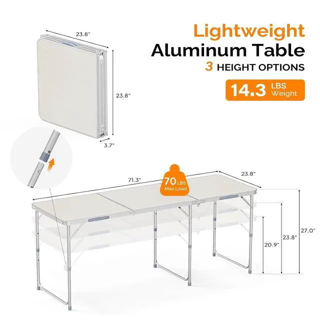 Alt view image 2 of 6 - 6ft Folding Camping Table with Carry Handle,Portable Utility Table Multipurpose for Party Picnic Tailgating Outdoor Patio Garden Indoor Kitchen