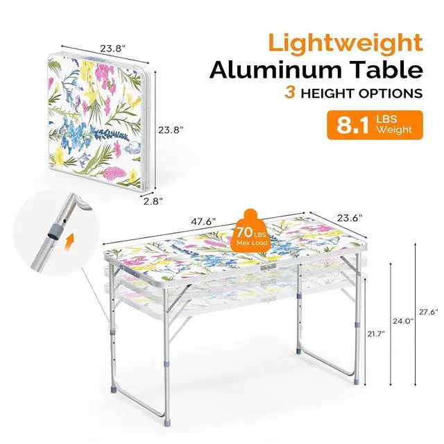 Alt view image 2 of 6 - 4FT White Folding Table with Carrying Handle Height Adjustable Lightweight Fold Up Portable for Indoor Outdoor Picnic,Camping,Hiking,Fishing,BBQ
