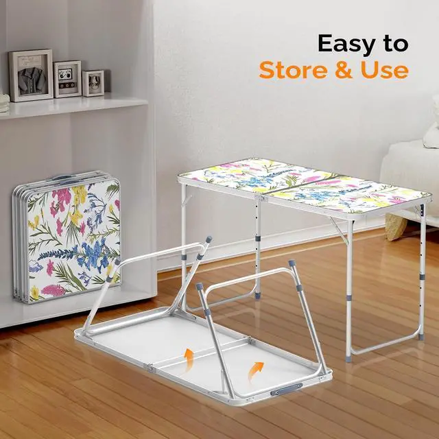 Alt view image 4 of 6 - 4FT White Folding Table with Carrying Handle Height Adjustable Lightweight Fold Up Portable for Indoor Outdoor Picnic,Camping,Hiking,Fishing,BBQ