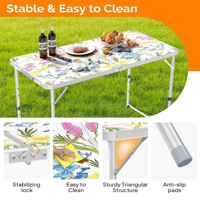 Alt view image 3 of 6 - 4FT White Folding Table with Carrying Handle Height Adjustable Lightweight Fold Up Portable for Indoor Outdoor Picnic,Camping,Hiking,Fishing,BBQ