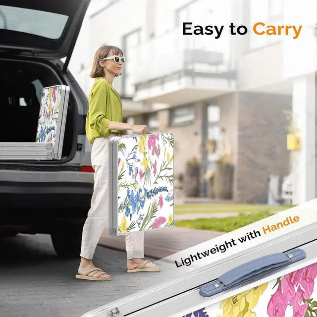 Alt view image 5 of 6 - 4FT White Folding Table with Carrying Handle Height Adjustable Lightweight Fold Up Portable for Indoor Outdoor Picnic,Camping,Hiking,Fishing,BBQ