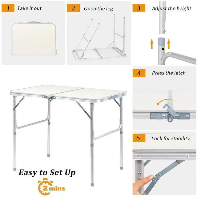 Alt view image 4 of 7 - 3FT Small Camping Folding Table Adjustable Height Aluminum Folding Table for Picnic Party BBQ, Plastic RV Suitcase Table Portable Lightweight Fold Up Utility Outdoor Tables