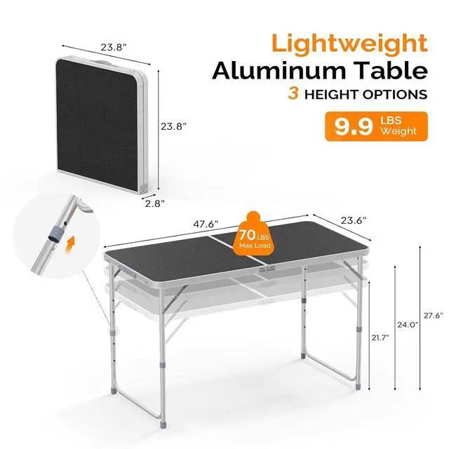 Alt view image 2 of 6 - 4FT White Folding Table with Carrying Handle Height Adjustable Lightweight Fold Up Portable for Indoor Outdoor Picnic,Camping,Hiking,Fishing,BBQ