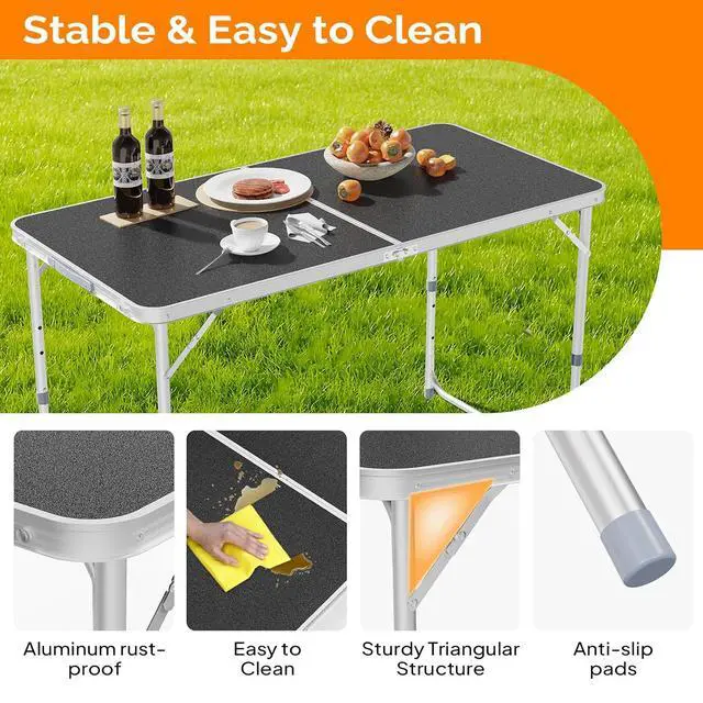 Alt view image 4 of 6 - 4FT White Folding Table with Carrying Handle Height Adjustable Lightweight Fold Up Portable for Indoor Outdoor Picnic,Camping,Hiking,Fishing,BBQ