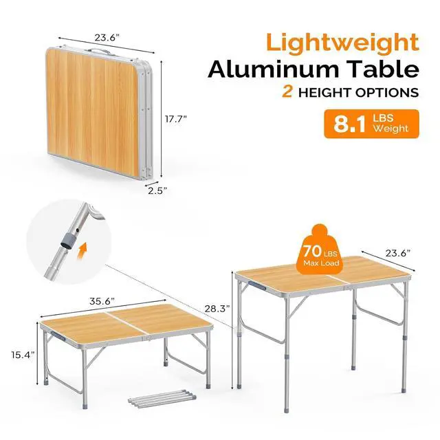 Alt view image 2 of 6 - 3FT Small Camping Table Adjustable Height Aluminum Folding Table for Picnic Party BBQ, Plastic RV Suitcase Table Portable Lightweight Fold Up Utility Outdoor Tables with Carrying Handle