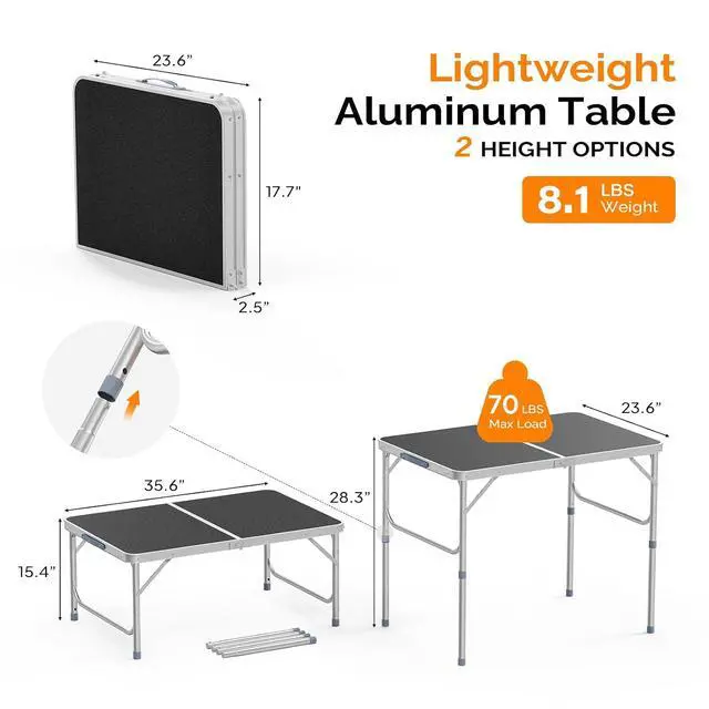 Alt view image 2 of 6 - 3FT Small Camping Table Adjustable Height Aluminum Folding Table for Picnic Party BBQ, Plastic RV Suitcase Table Portable Lightweight Fold Up Utility Outdoor Tables with Carrying Handle