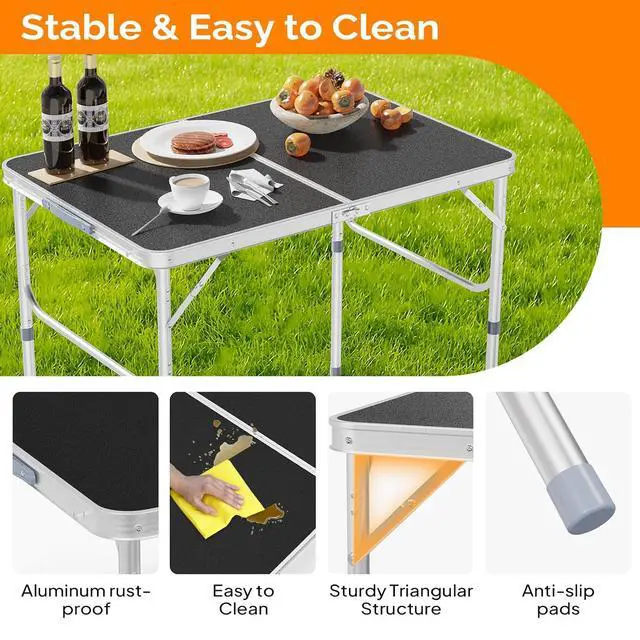 Alt view image 4 of 6 - 3FT Small Camping Table Adjustable Height Aluminum Folding Table for Picnic Party BBQ, Plastic RV Suitcase Table Portable Lightweight Fold Up Utility Outdoor Tables with Carrying Handle