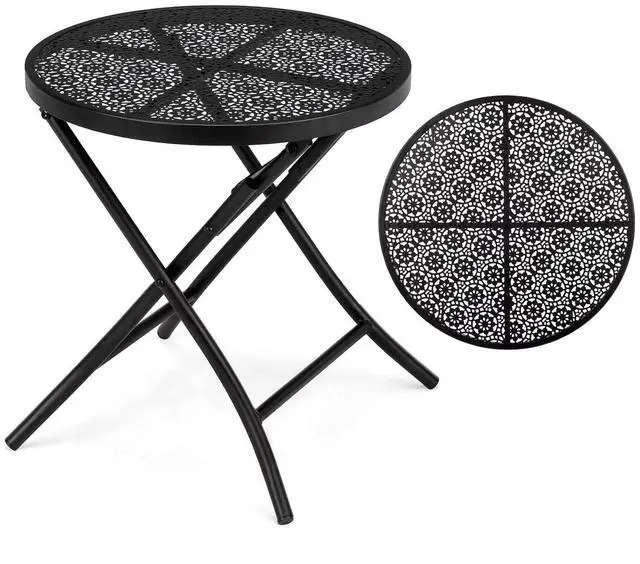 Main image of Outdoor Folding Side Table with Chic Hollow Pattern and Durable, Rust-Resistant Coated Iron Patio Bistro Table Suitable for Indoor & Outdoor Porch, Deck, Balcony and Pool,Black