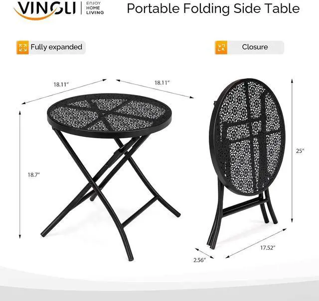 Alt view image 3 of 7 - Outdoor Folding Side Table with Chic Hollow Pattern and Durable, Rust-Resistant Coated Iron Patio Bistro Table Suitable for Indoor & Outdoor Porch, Deck, Balcony and Pool,Black