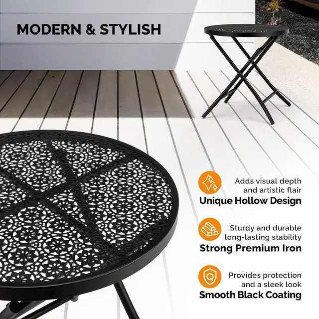 Alt view image 4 of 7 - Outdoor Folding Side Table with Chic Hollow Pattern and Durable, Rust-Resistant Coated Iron Patio Bistro Table Suitable for Indoor & Outdoor Porch, Deck, Balcony and Pool,Black