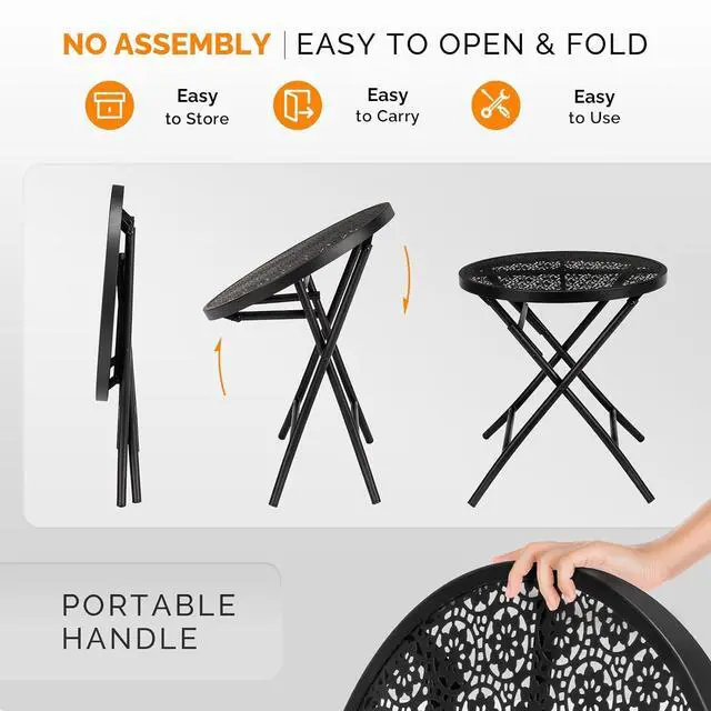 Alt view image 5 of 7 - Outdoor Folding Side Table with Chic Hollow Pattern and Durable, Rust-Resistant Coated Iron Patio Bistro Table Suitable for Indoor & Outdoor Porch, Deck, Balcony and Pool,Black