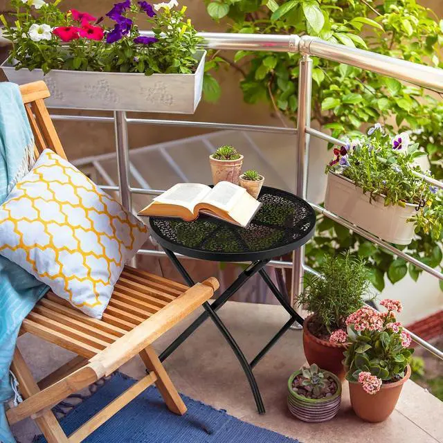 Alt view image 2 of 7 - Outdoor Folding Side Table with Chic Hollow Pattern and Durable, Rust-Resistant Coated Iron Patio Bistro Table Suitable for Indoor & Outdoor Porch, Deck, Balcony and Pool,Black