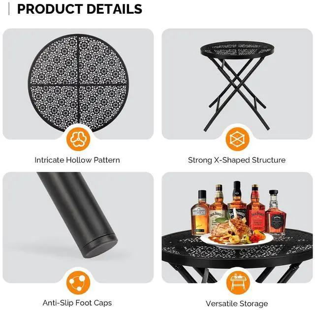 Alt view image 6 of 7 - Outdoor Folding Side Table with Chic Hollow Pattern and Durable, Rust-Resistant Coated Iron Patio Bistro Table Suitable for Indoor & Outdoor Porch, Deck, Balcony and Pool,Black